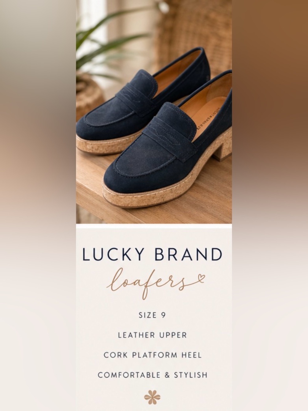 Lucky Brand Size 9 Black Leather Platform Loafers Cork Heel Slip On Preppy Chic